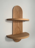 Handmade oak arch shelf with two shelves, perfect for plants, candles, or small decor. Floating design with keyhole mounts for easy installation.