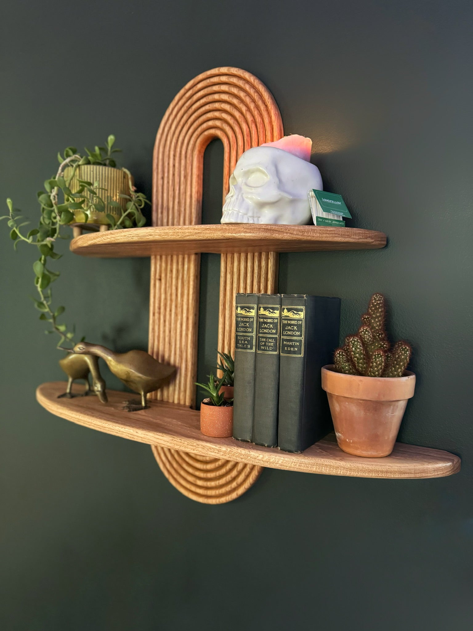 Modern floating wood shelf – The Gibbous, made from solid oak with curved decorative fluting.